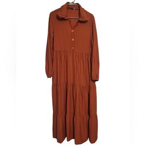 Maxi Dress Boho Rust Long Sleeve Ruffle Neck Full Bottom, EU 44 US 12